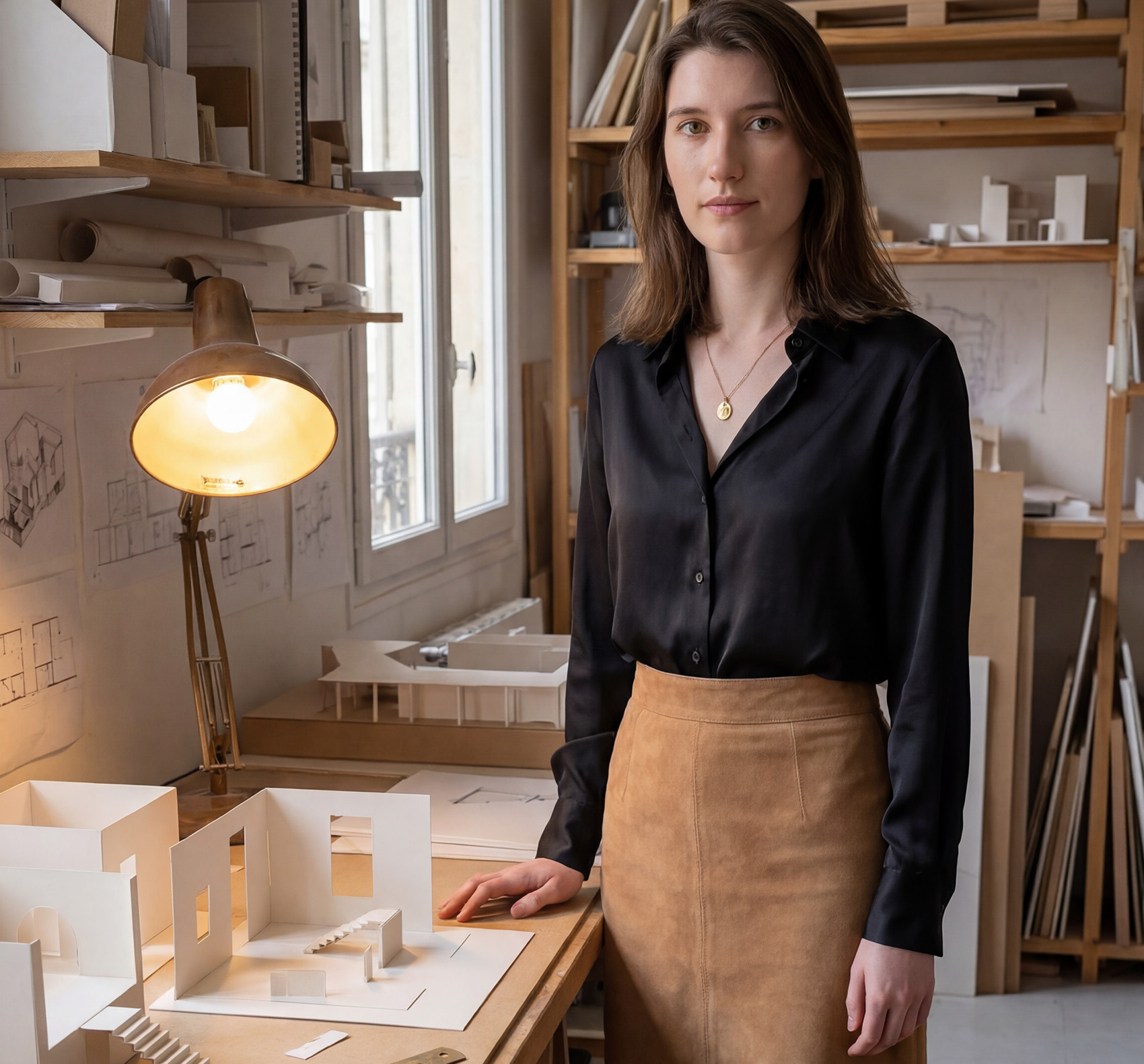 A designer in her studio among paper models