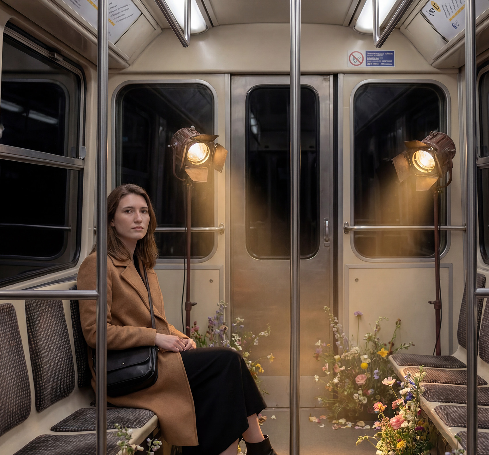Film lights and flowers staged in a Paris métro car